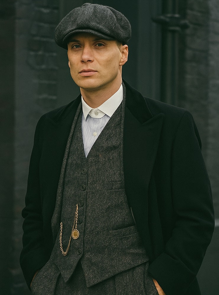 Mens Peaky Blinders Costume Thomas Shelby Grey 3 Piece Suit with Black Overcoat & Hat - Image 12