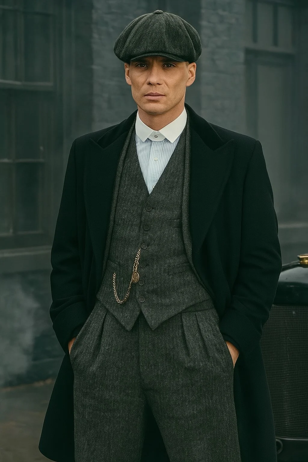 Mens Peaky Blinders Costume Thomas Shelby Grey 3 Piece Suit with Black Overcoat & Hat - Image 13