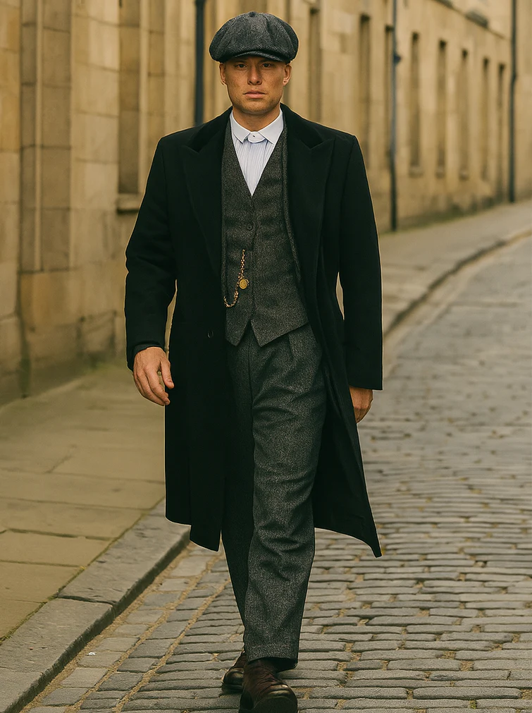Mens Peaky Blinders Costume Thomas Shelby Grey 3 Piece Suit with Black Overcoat & Hat - Image 14