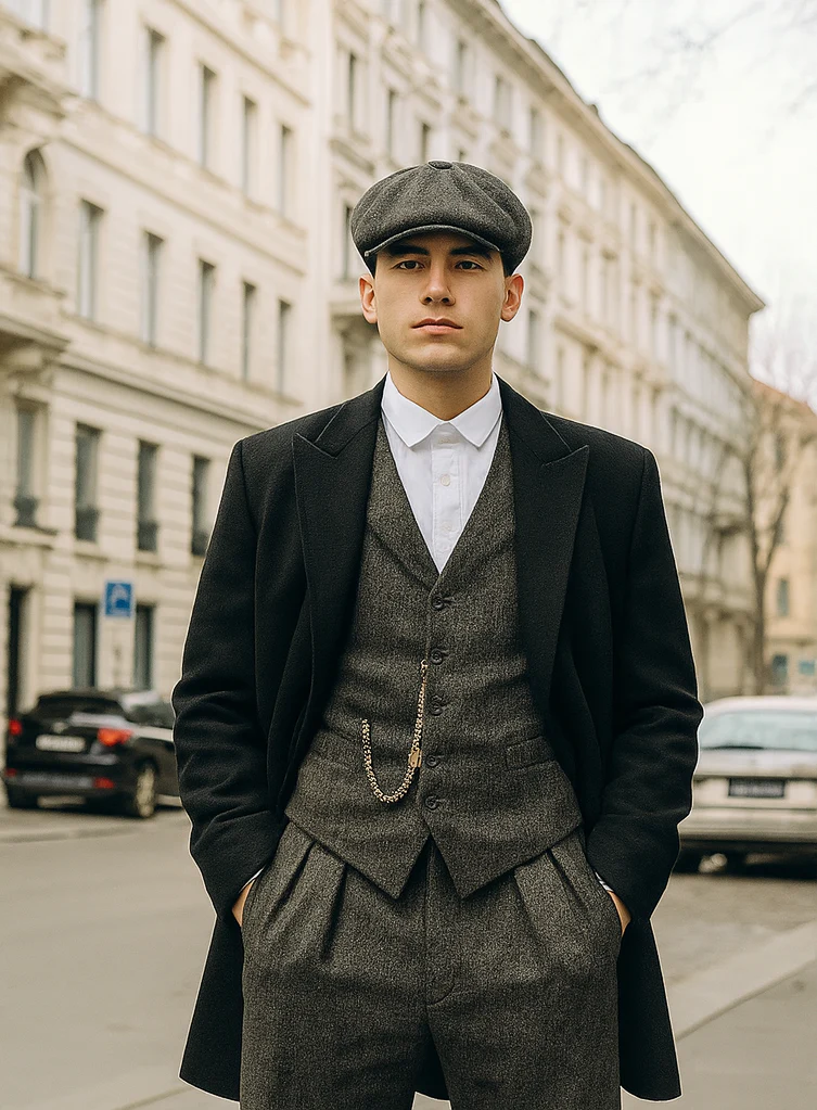 Mens Peaky Blinders Costume Thomas Shelby Grey 3 Piece Suit with Black Overcoat & Hat - Image 2