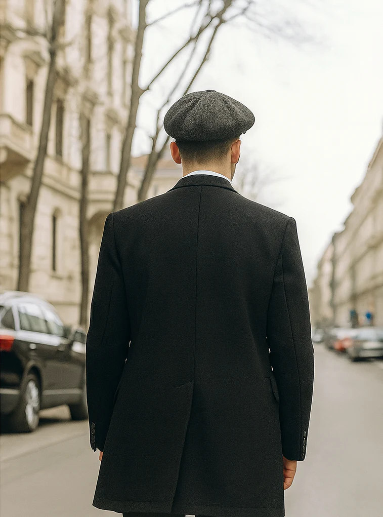 Mens Peaky Blinders Costume Thomas Shelby Grey 3 Piece Suit with Black Overcoat & Hat - Image 3