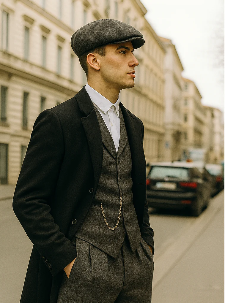 Mens Peaky Blinders Costume Thomas Shelby Grey 3 Piece Suit with Black Overcoat & Hat - Image 4