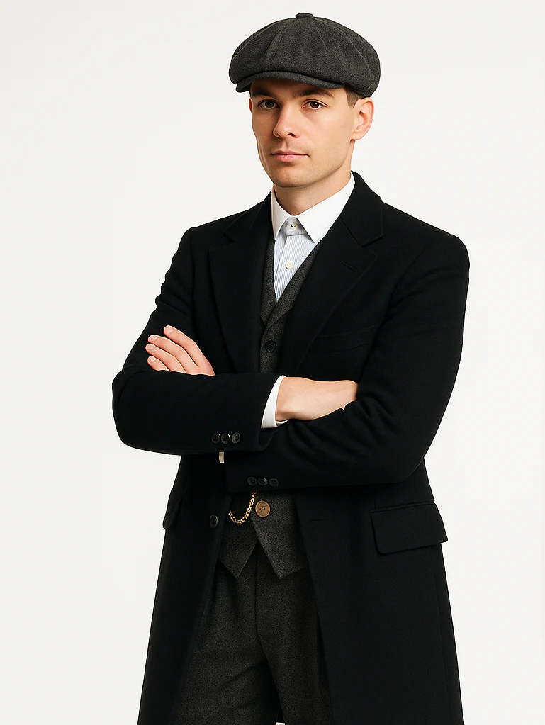 Mens Peaky Blinders Costume Thomas Shelby Grey 3 Piece Suit with Black Overcoat & Hat - Image 6
