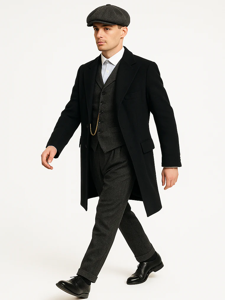 Mens Peaky Blinders Costume Thomas Shelby Grey 3 Piece Suit with Black Overcoat & Hat - Image 7