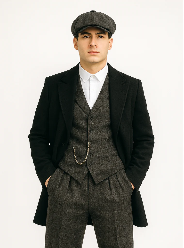 Mens Peaky Blinders Costume Thomas Shelby Grey 3 Piece Suit with Black Overcoat & Hat - Image 8