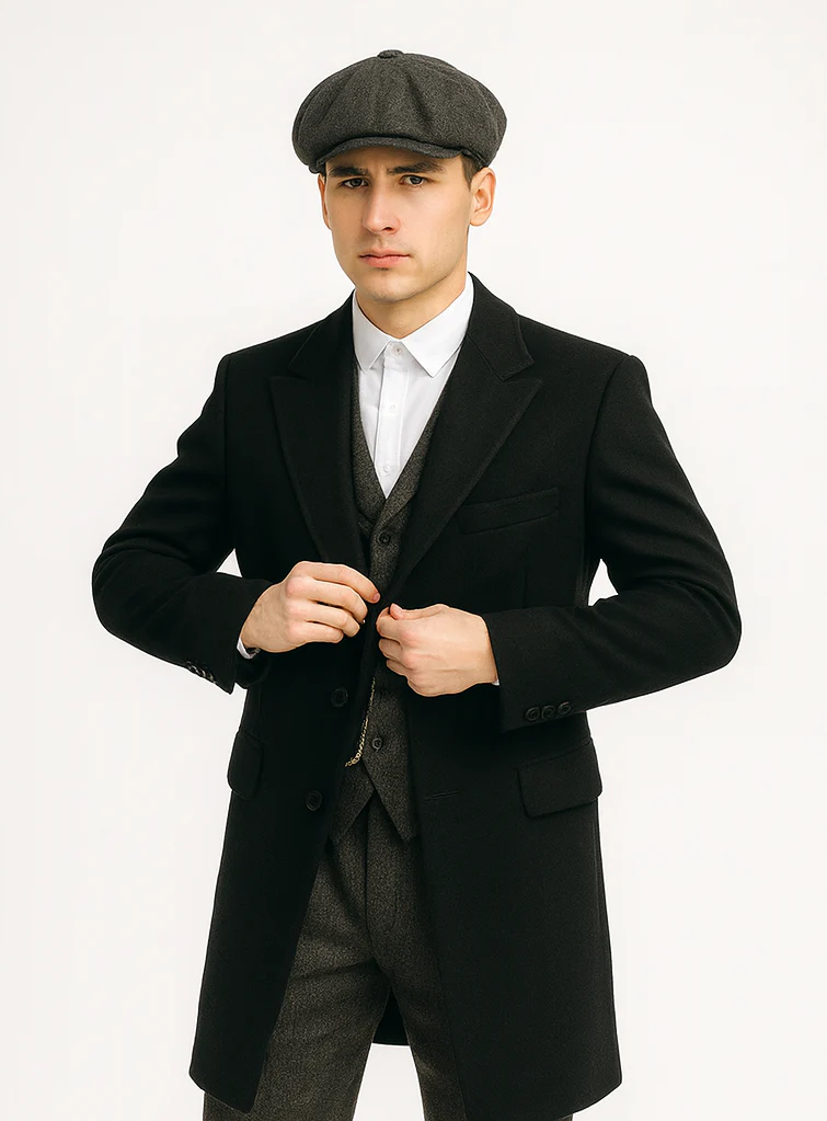 Mens Peaky Blinders Costume Thomas Shelby Grey 3 Piece Suit with Black Overcoat & Hat - Image 9