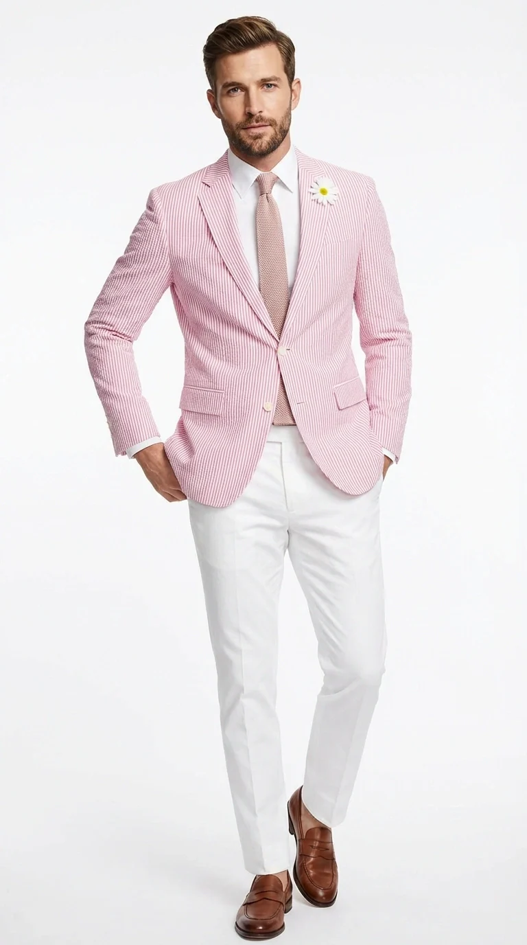 Mens Pink Seersucker Blazer – Lightweight Striped Summer Sport Coat Casual Smart Formal Jacket - Image 3