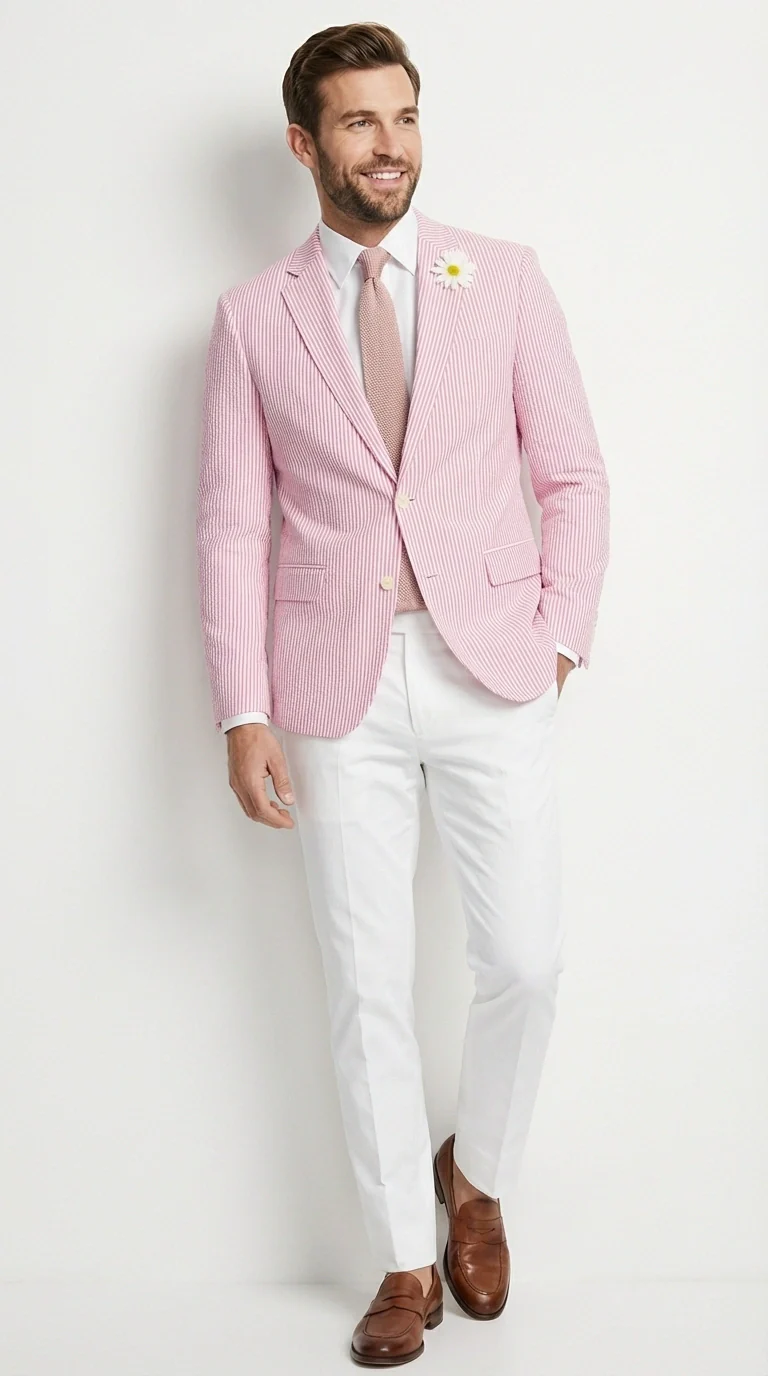 Mens Pink Seersucker Blazer – Lightweight Striped Summer Sport Coat Casual Smart Formal Jacket - Image 5