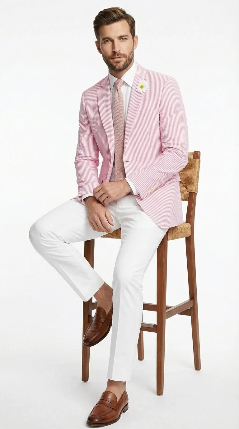 Mens Pink Seersucker Blazer – Lightweight Striped Summer Sport Coat Casual Smart Formal Jacket - Image 6