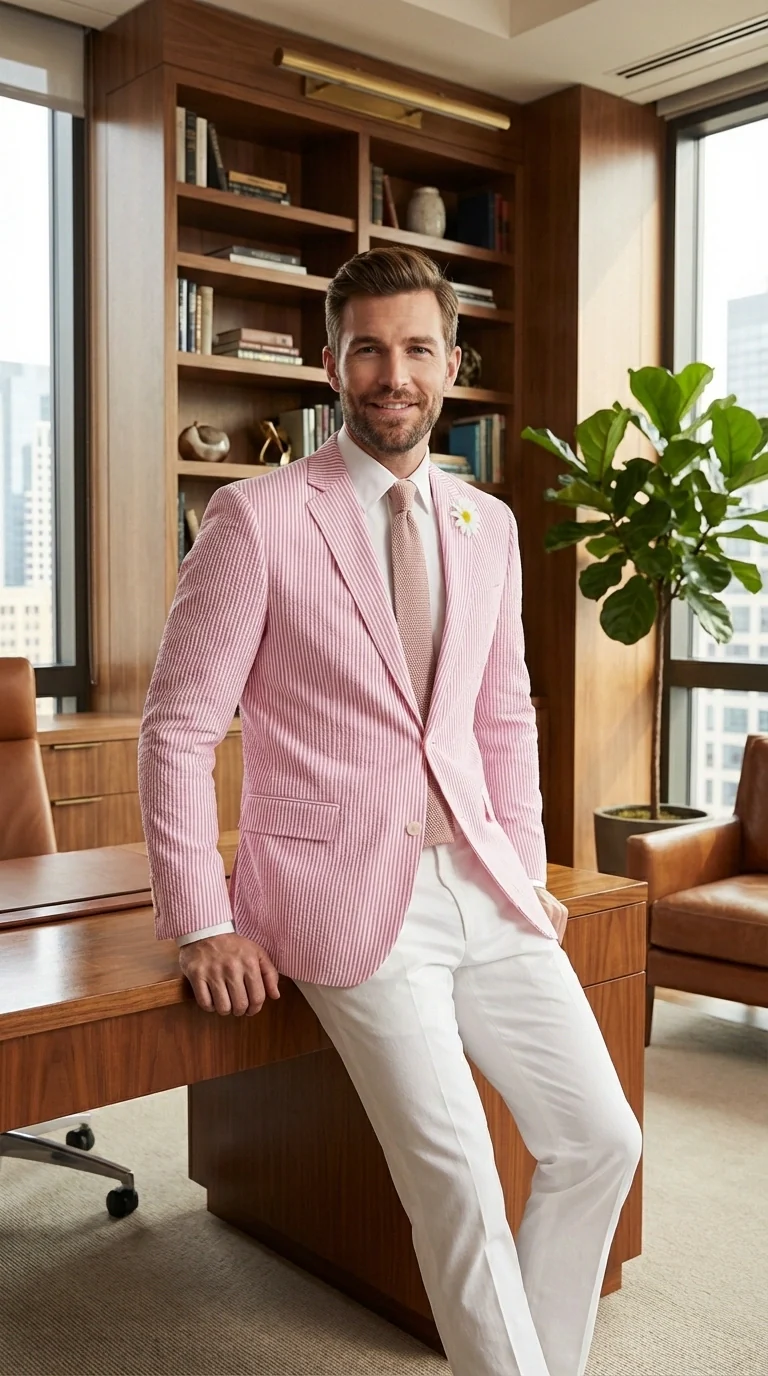 Mens Pink Seersucker Blazer – Lightweight Striped Summer Sport Coat Casual Smart Formal Jacket - Image 8