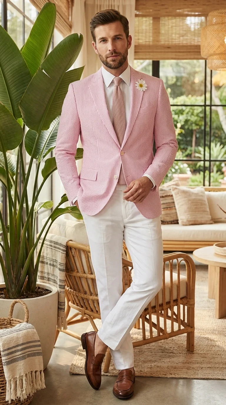 Mens Pink Seersucker Blazer – Lightweight Striped Summer Sport Coat Casual Smart Formal Jacket - Image 9