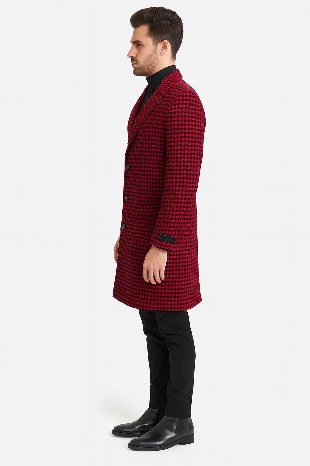 Mens Plaid Overcoat - Houndstooth Single Breasted Checker Pattern Red Topcoat - Image 3