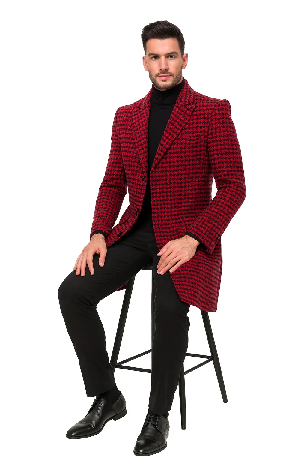 Mens Plaid Overcoat - Houndstooth Single Breasted Checker Pattern Red Topcoat - Image 4