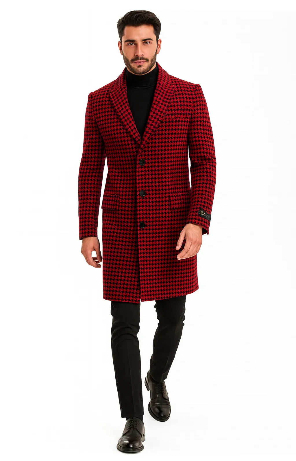 Mens Plaid Overcoat - Houndstooth Single Breasted Checker Pattern Red Topcoat - Image 5