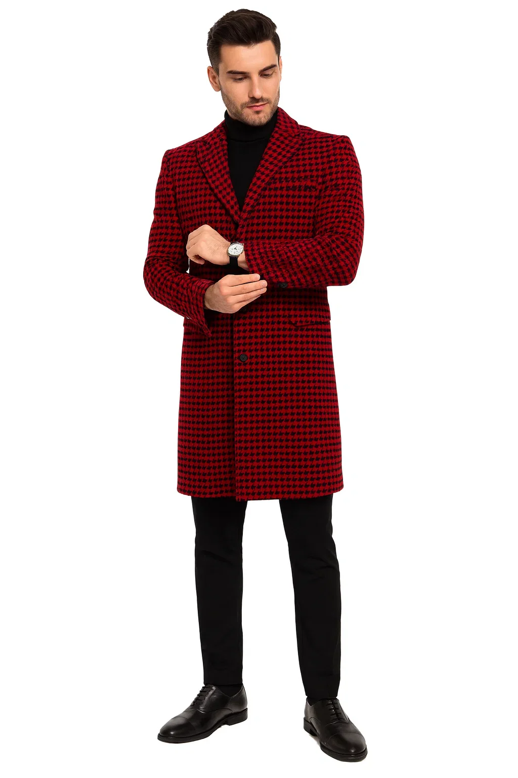 Mens Plaid Overcoat - Houndstooth Single Breasted Checker Pattern Red Topcoat - Image 6