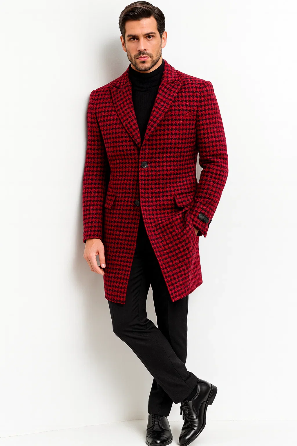 Mens Plaid Overcoat - Houndstooth Single Breasted Checker Pattern Red Topcoat - Image 7