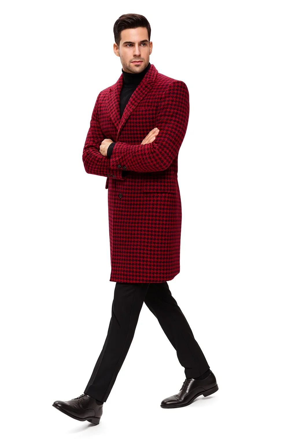 Mens Plaid Overcoat - Houndstooth Single Breasted Checker Pattern Red Topcoat - Image 8
