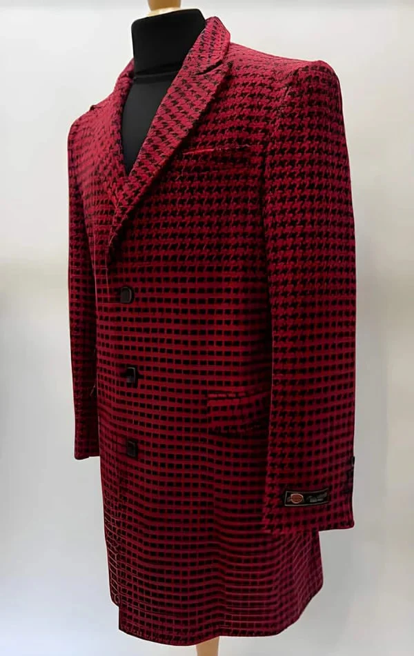 Mens Plaid Overcoat - Houndstooth Single Breasted Checker Pattern Red Topcoat - Image 9