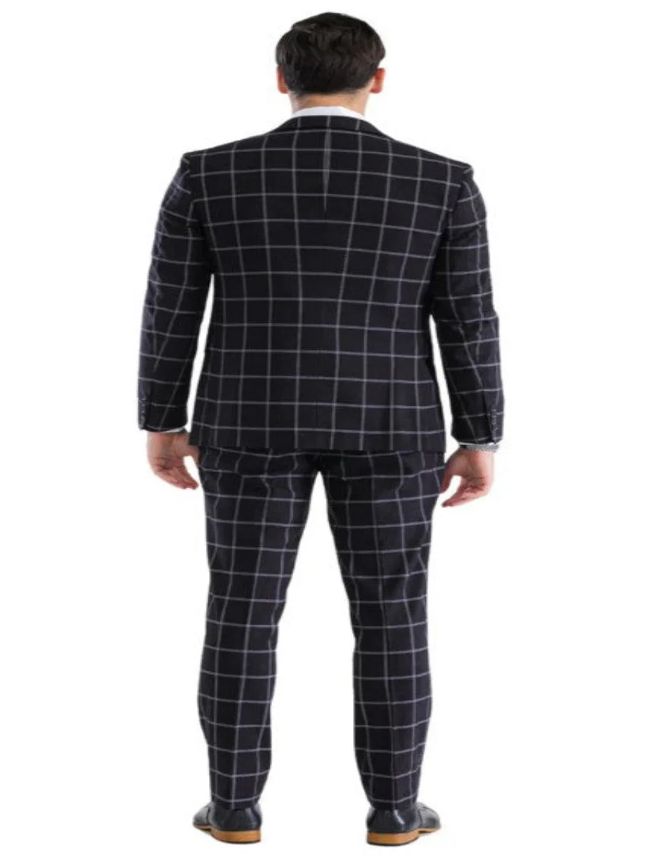 Mens Plaid Suit - Windowpane Pattern With Vest - Business Suit Black - Image 3