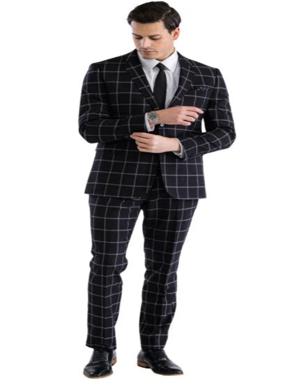 Mens Plaid Suit - Windowpane Pattern With Vest - Business Suit Black - Image 4