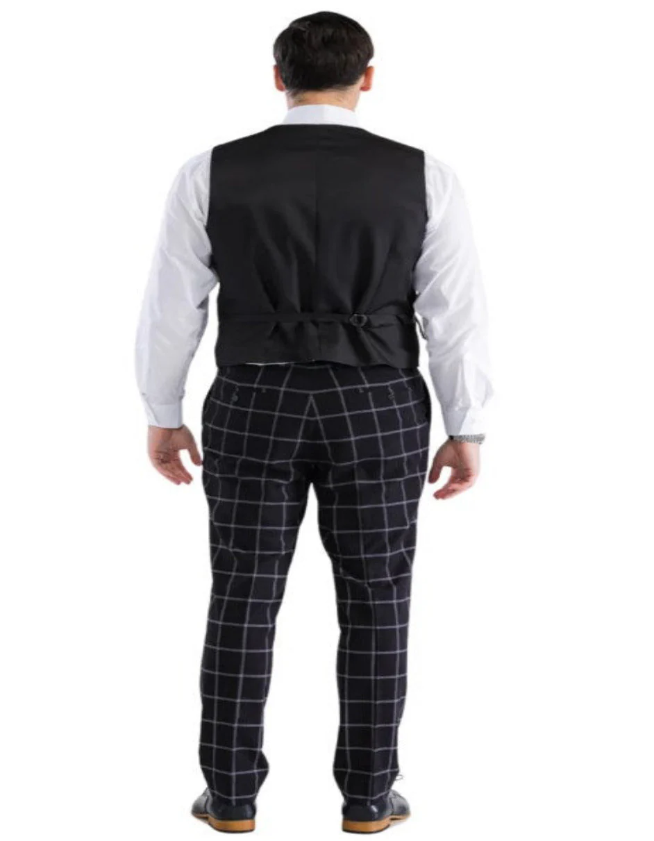 Mens Plaid Suit - Windowpane Pattern With Vest - Business Suit Black - Image 5