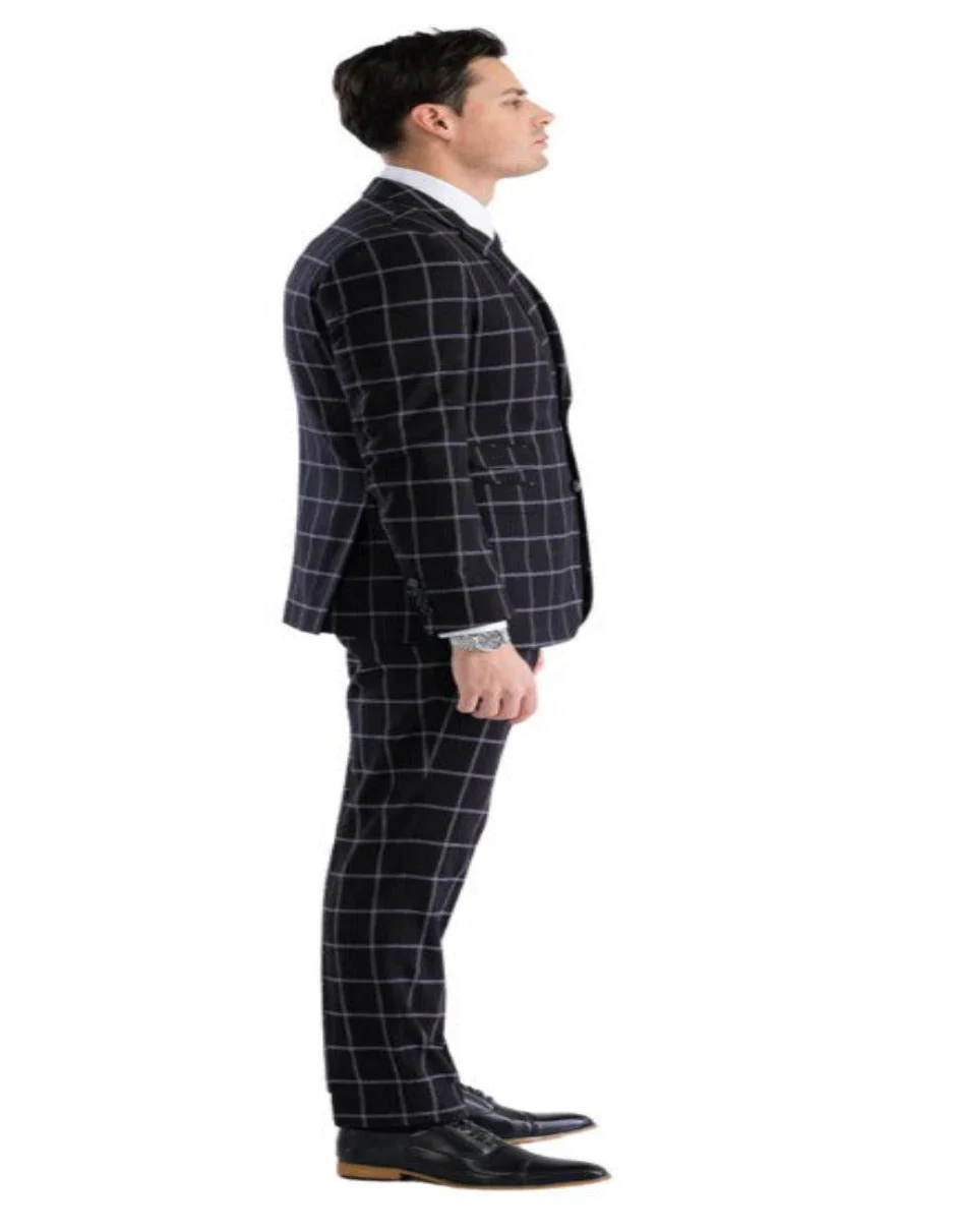 Mens Plaid Suit - Windowpane Pattern With Vest - Business Suit Black - Image 6