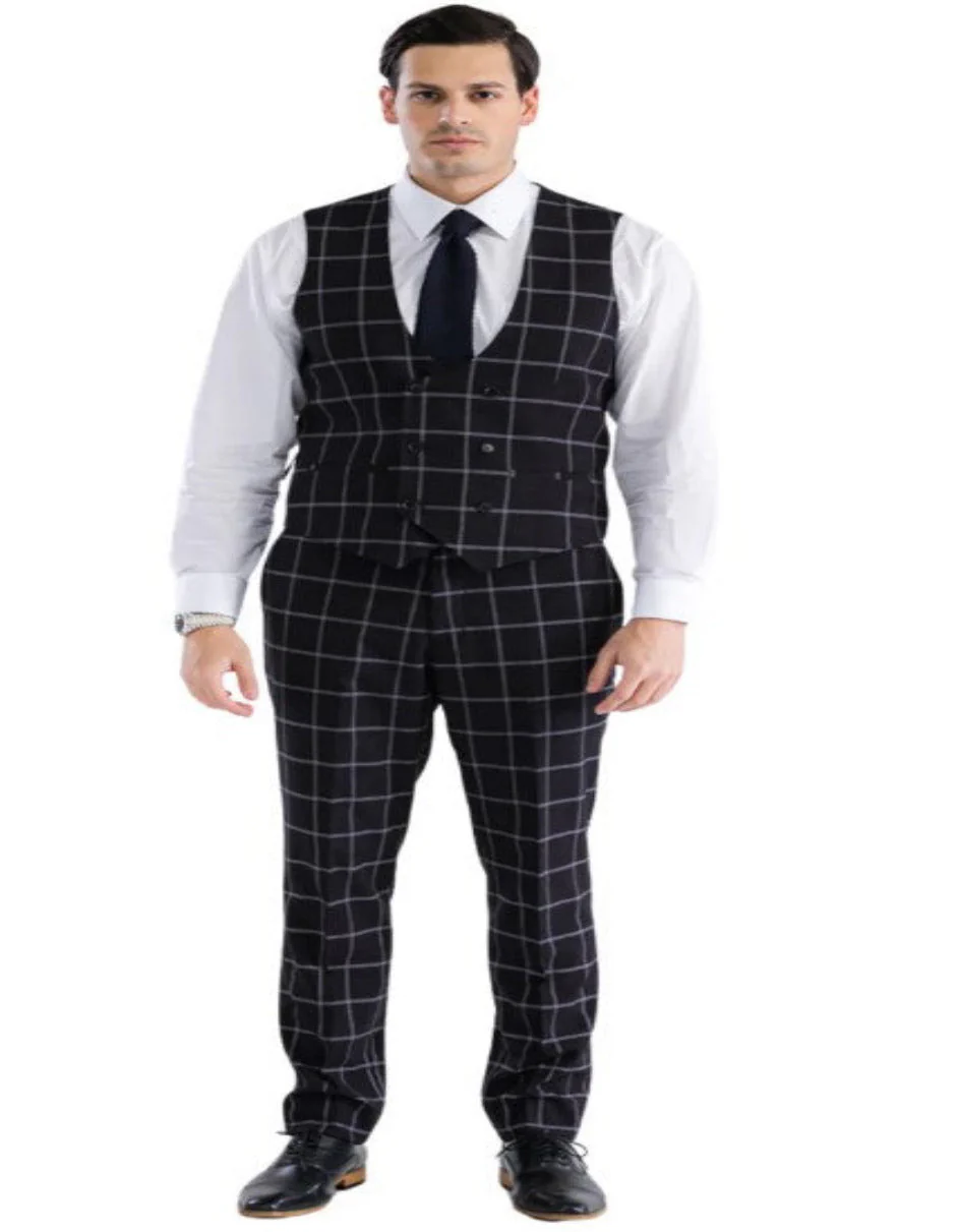 Mens Plaid Suit - Windowpane Pattern With Vest - Business Suit Black - Image 7
