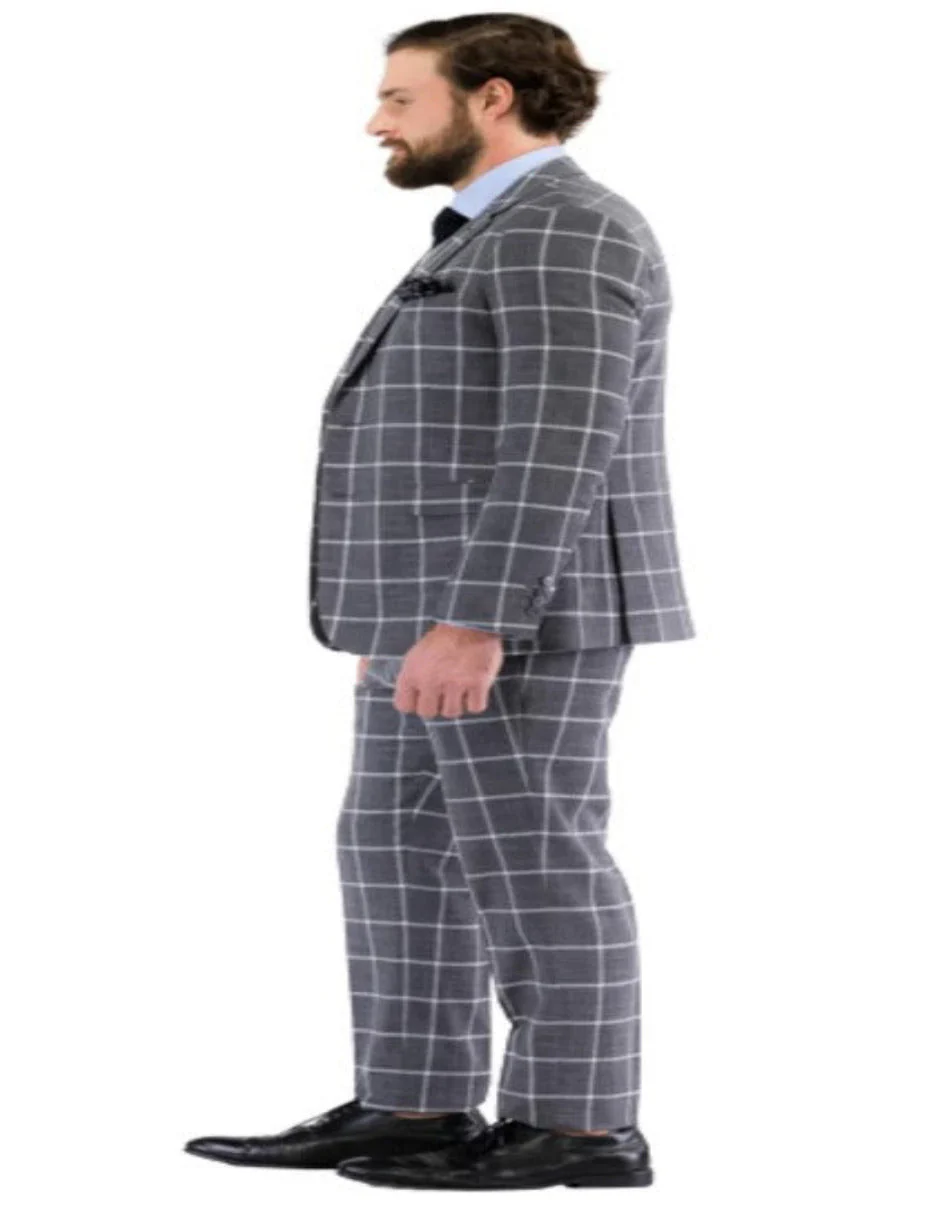 Mens Plaid Suit - Windowpane Pattern With Vest - Business Suit Grey - Image 3