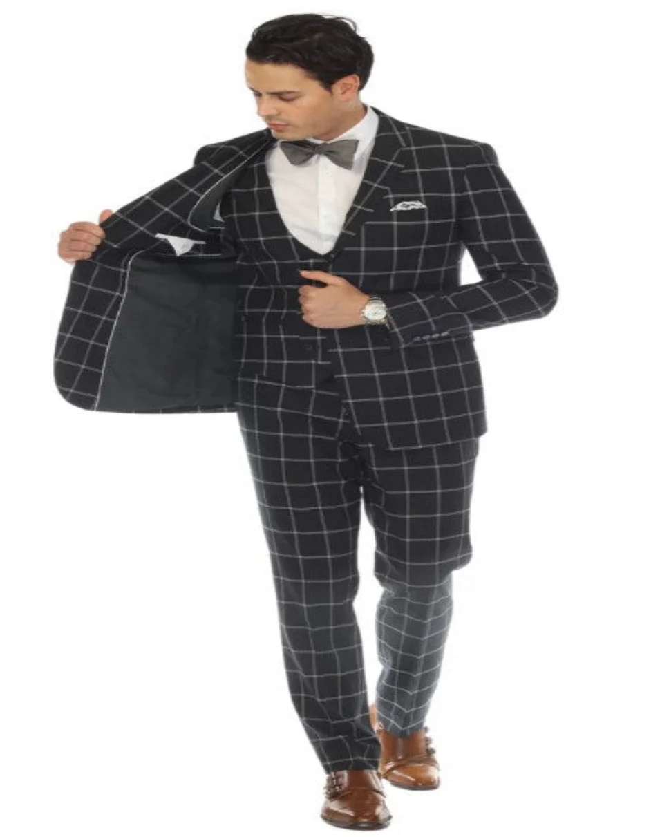Mens Plaid Suit - Windowpane Pattern With Vest - Business Suit Hunter Green - Image 3