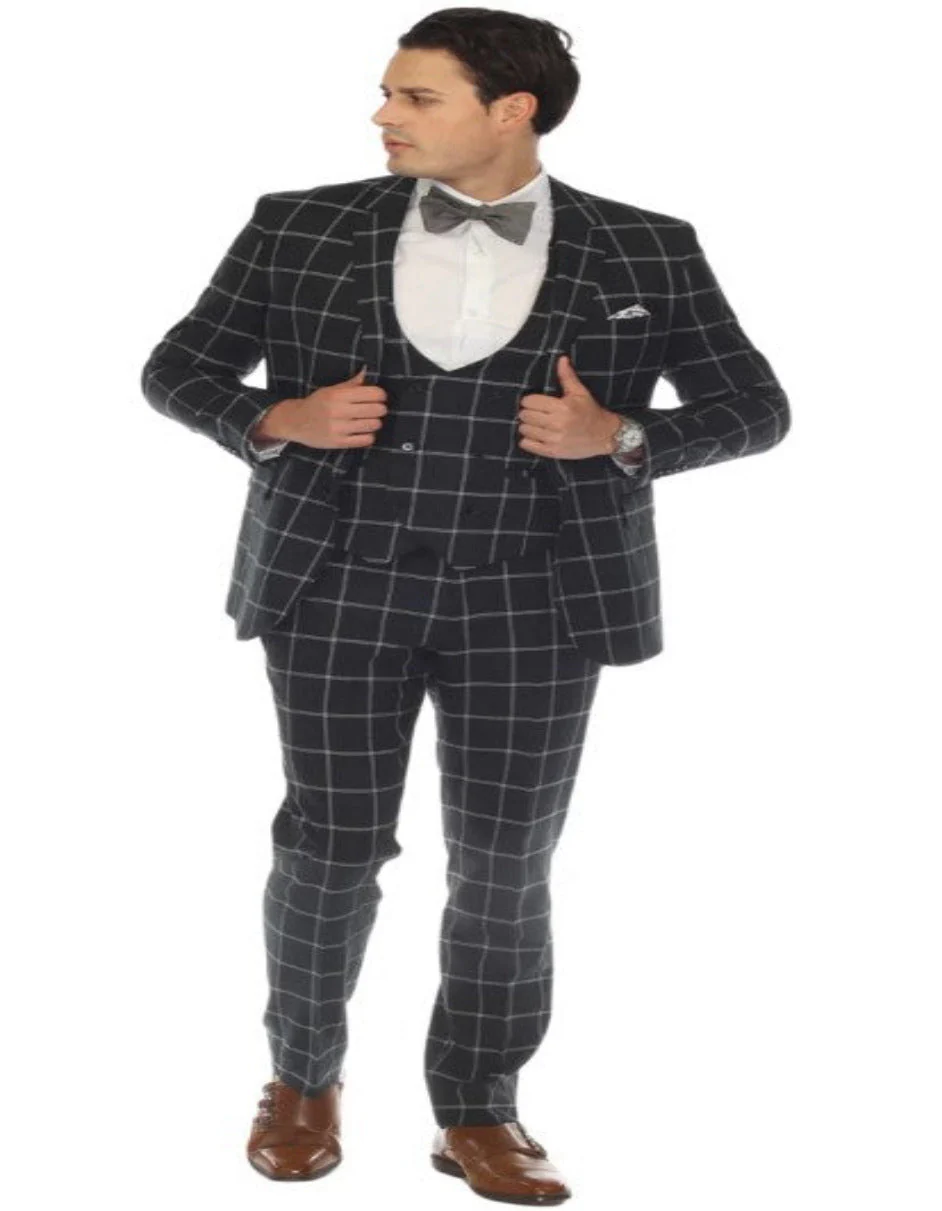 Mens Plaid Suit - Windowpane Pattern With Vest - Business Suit Hunter Green - Image 4