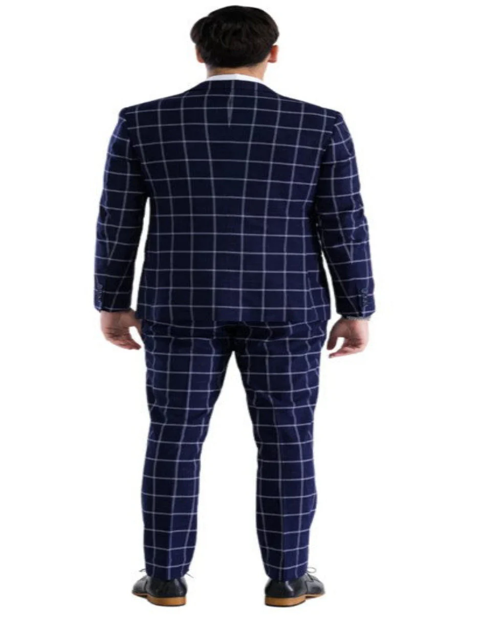 Mens Plaid Suit - Windowpane Pattern With Vest - Business Suit Navy - Image 5