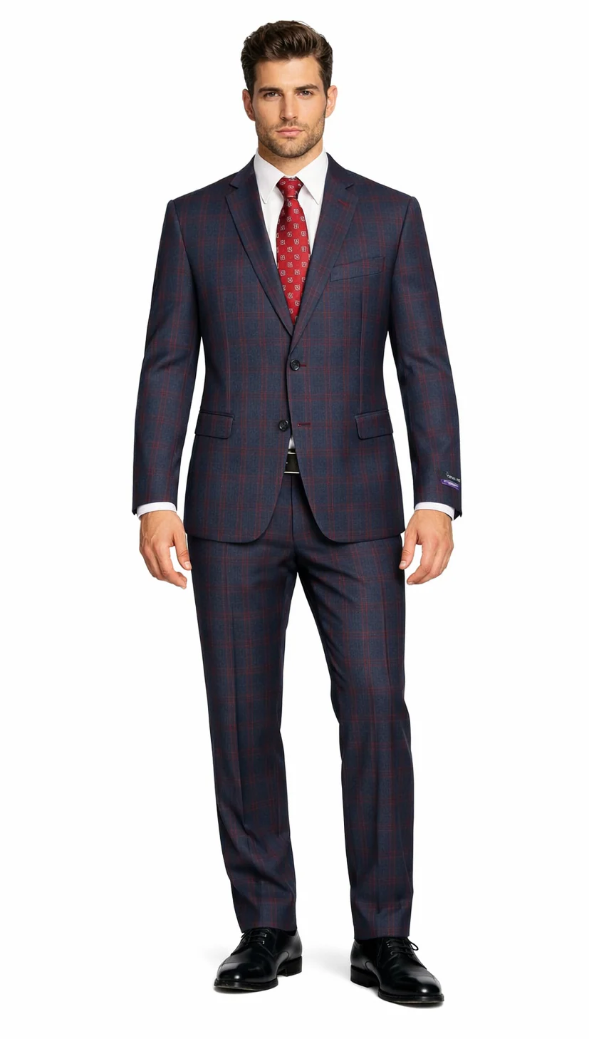 Mens Plaid Suits - Windowpane Wool Suits - Navy Blue with Dark Burgundy Pattern - Business Suit  in Classic Fit