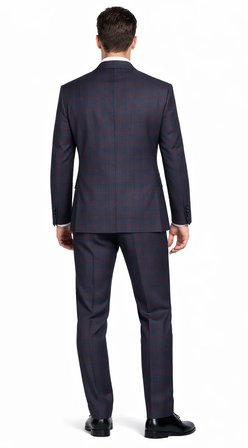 Mens Plaid Suits - Windowpane Wool Suits - Navy Blue with Dark Burgundy Pattern - Business Suit  in Classic Fit - Image 2