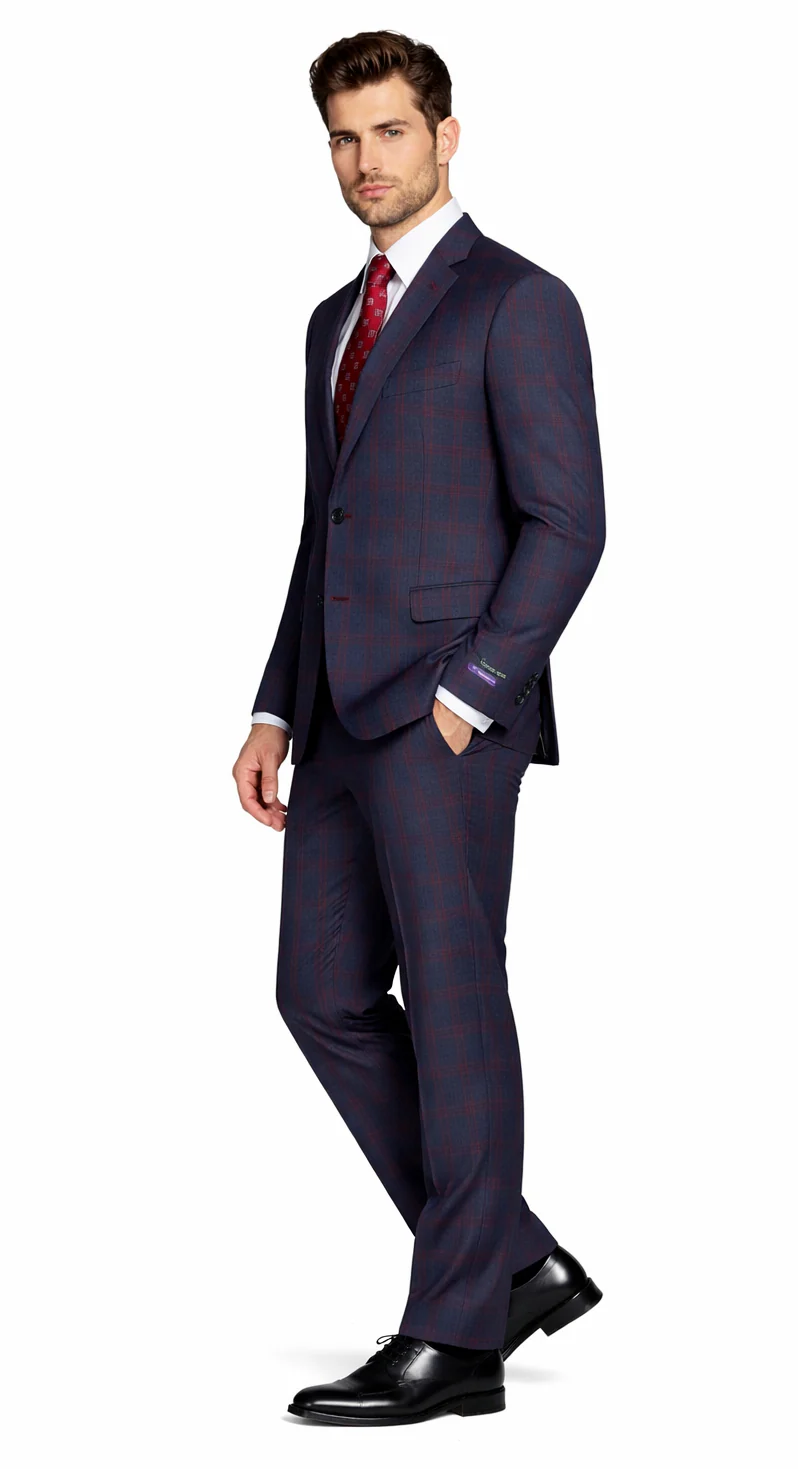 Mens Plaid Suits - Windowpane Wool Suits - Navy Blue with Dark Burgundy Pattern - Business Suit  in Classic Fit - Image 3