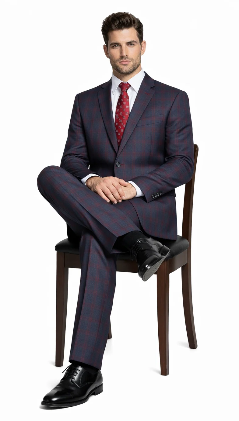 Mens Plaid Suits - Windowpane Wool Suits - Navy Blue with Dark Burgundy Pattern - Business Suit  in Classic Fit - Image 4