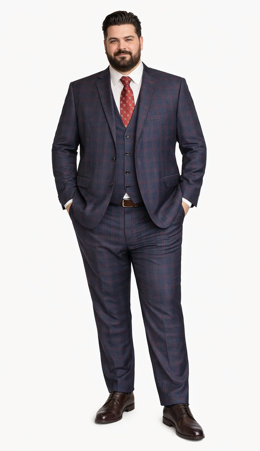 Mens Plaid Suits - Windowpane Wool Suits - Navy Blue with Dark Burgundy Pattern - Business Suit  in Classic Fit - Image 5