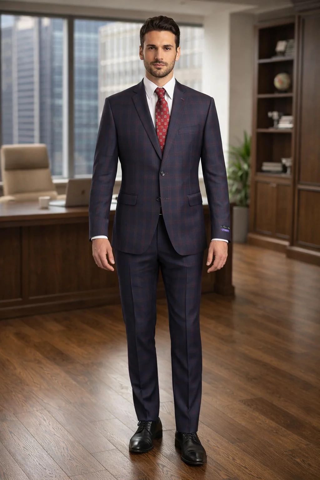 Mens Plaid Suits - Windowpane Wool Suits - Navy Blue with Dark Burgundy Pattern - Business Suit  in Classic Fit - Image 6