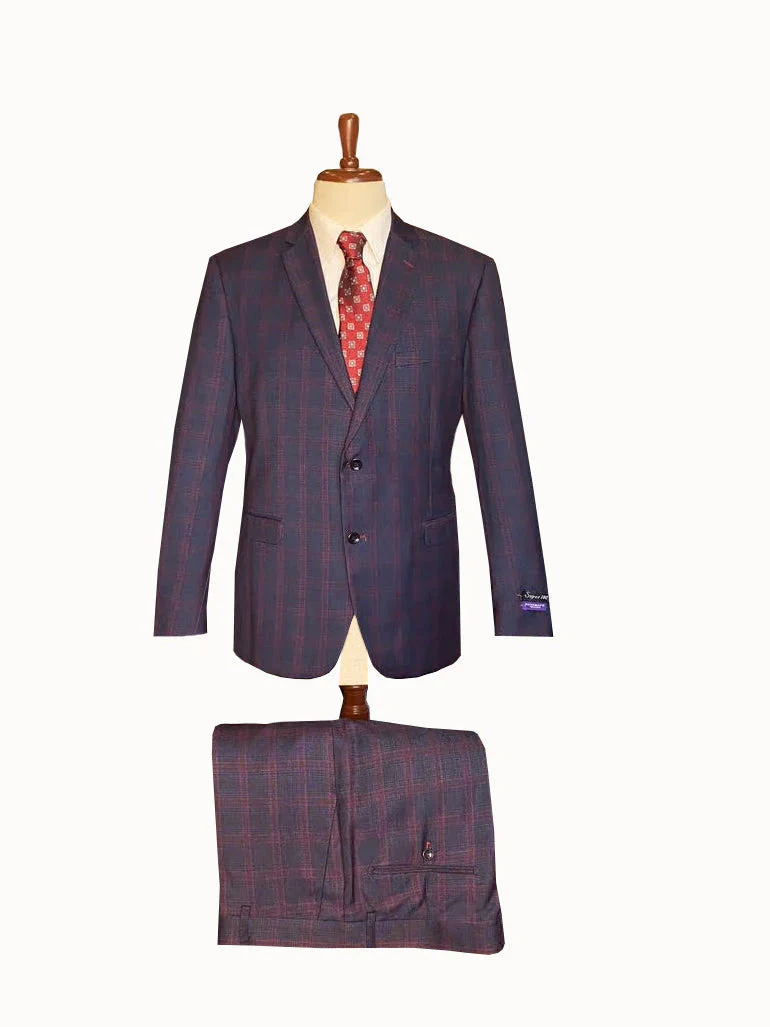 Mens Plaid Suits - Windowpane Wool Suits - Navy Blue with Dark Burgundy Pattern - Business Suit  in Classic Fit - Image 8