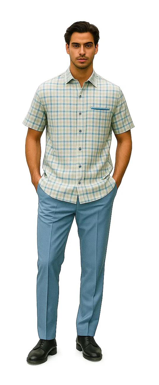 Mens Plaid Walking Suit in Powder Blue by Dreams by Zacchi – 2 Piece Leisure Outfit with Matching Shirt and Pants - $99 - Image 5