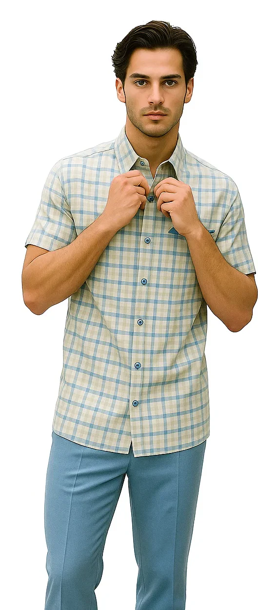 Mens Plaid Walking Suit in Powder Blue by Dreams by Zacchi – 2 Piece Leisure Outfit with Matching Shirt and Pants - $99 - Image 7