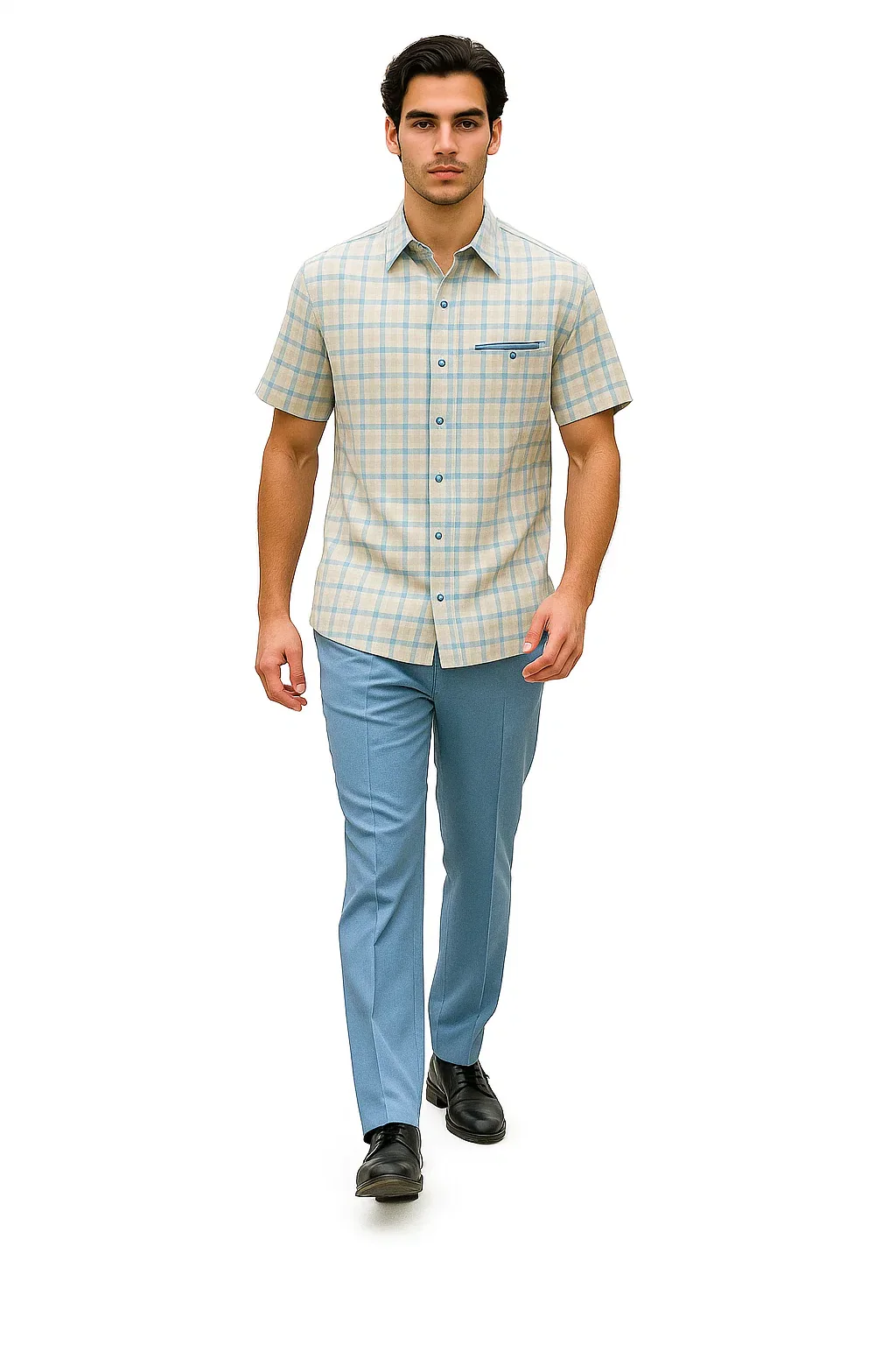 Mens Plaid Walking Suit in Powder Blue by Dreams by Zacchi – 2 Piece Leisure Outfit with Matching Shirt and Pants - $99 - Image 8