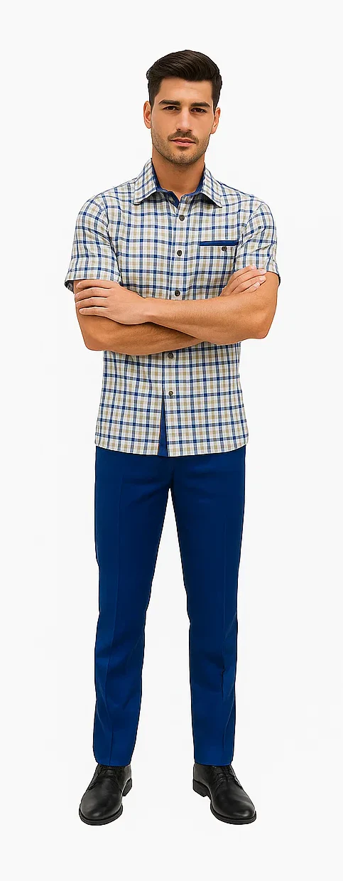 Mens Plaid Walking Suit in royal by Dreams Zacchi – 2 Piece Leisure Outfit with Matching Shirt and Pants - $99