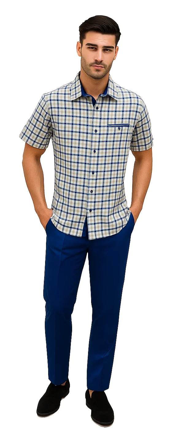 Mens Plaid Walking Suit in royal by Dreams Zacchi – 2 Piece Leisure Outfit with Matching Shirt and Pants - $99 - Image 4