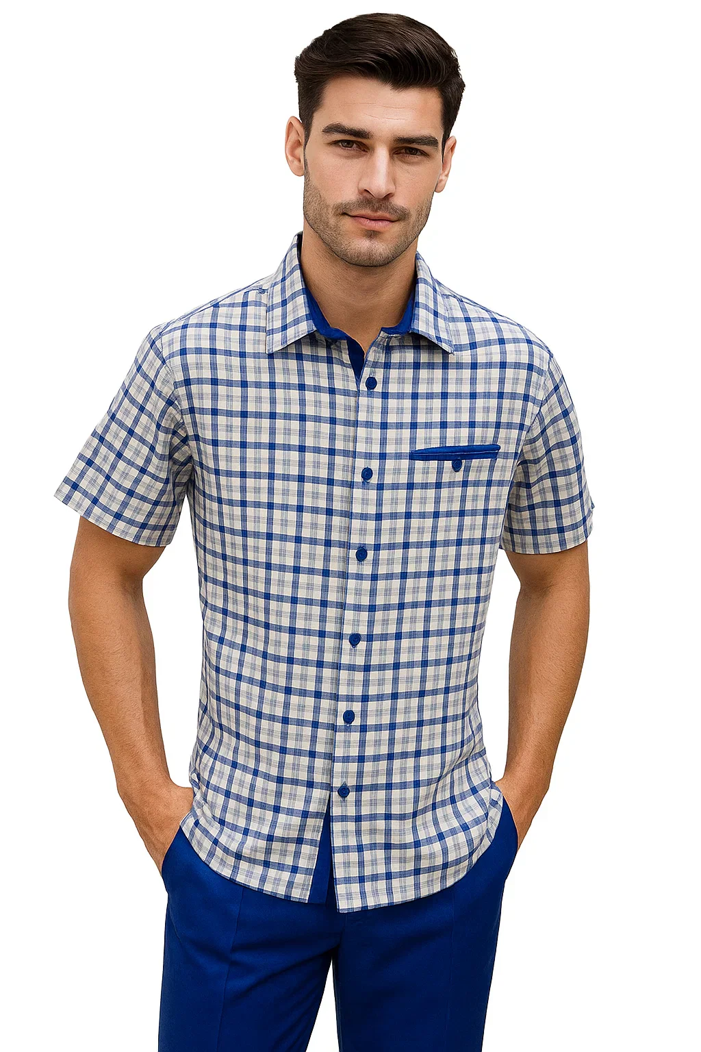 Mens Plaid Walking Suit in royal by Dreams Zacchi – 2 Piece Leisure Outfit with Matching Shirt and Pants - $99 - Image 8