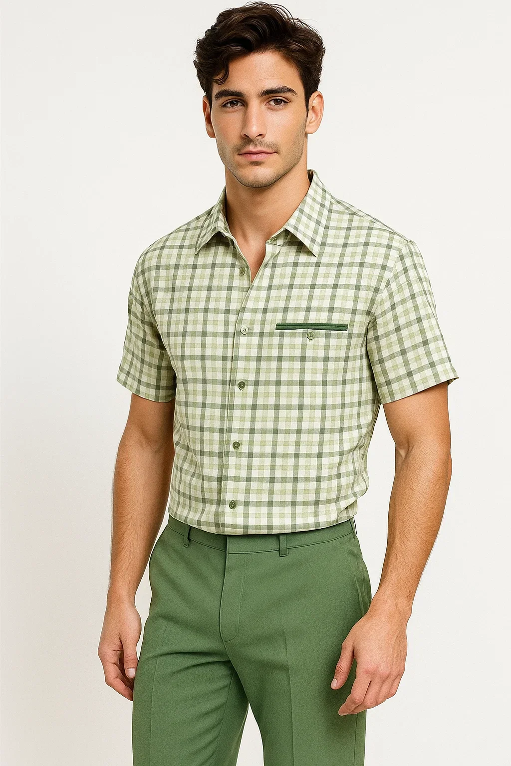 Mens Plaid Walking Suit in sage  by Dreams by Zacchi – 2 Piece Leisure Outfit with Matching Shirt and Pants - $99 - Image 3