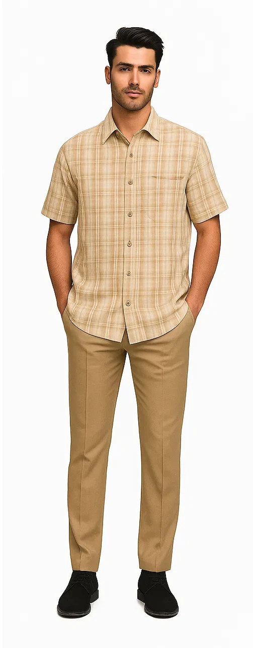 Mens Plaid Walking Suit in Tan by Dreams by Zacchi – 2 Piece Leisure Outfit with Matching Shirt and Pants - $99 - Image 5