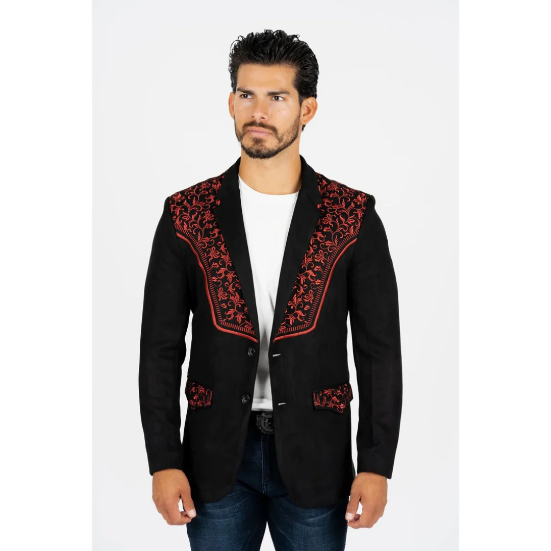 Men’s Platini Black/Burgundy Embroidered Faux Suede Blazer
