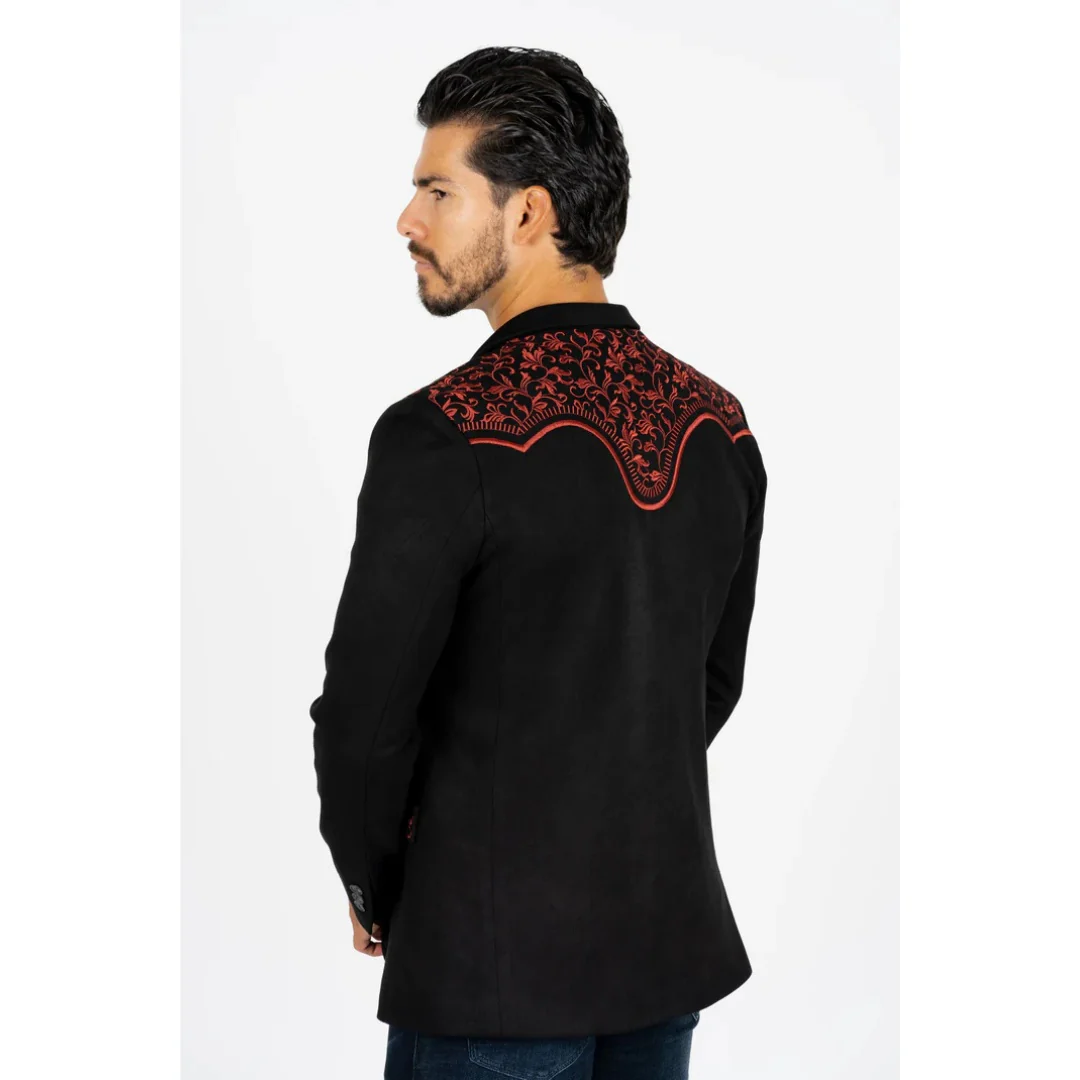 Men’s Platini Black/Burgundy Embroidered Faux Suede Blazer - Image 2