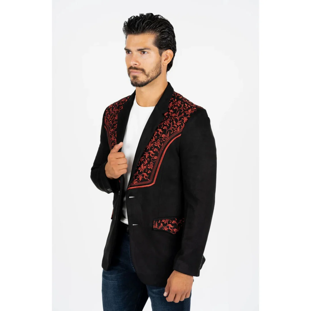 Men’s Platini Black/Burgundy Embroidered Faux Suede Blazer - Image 4