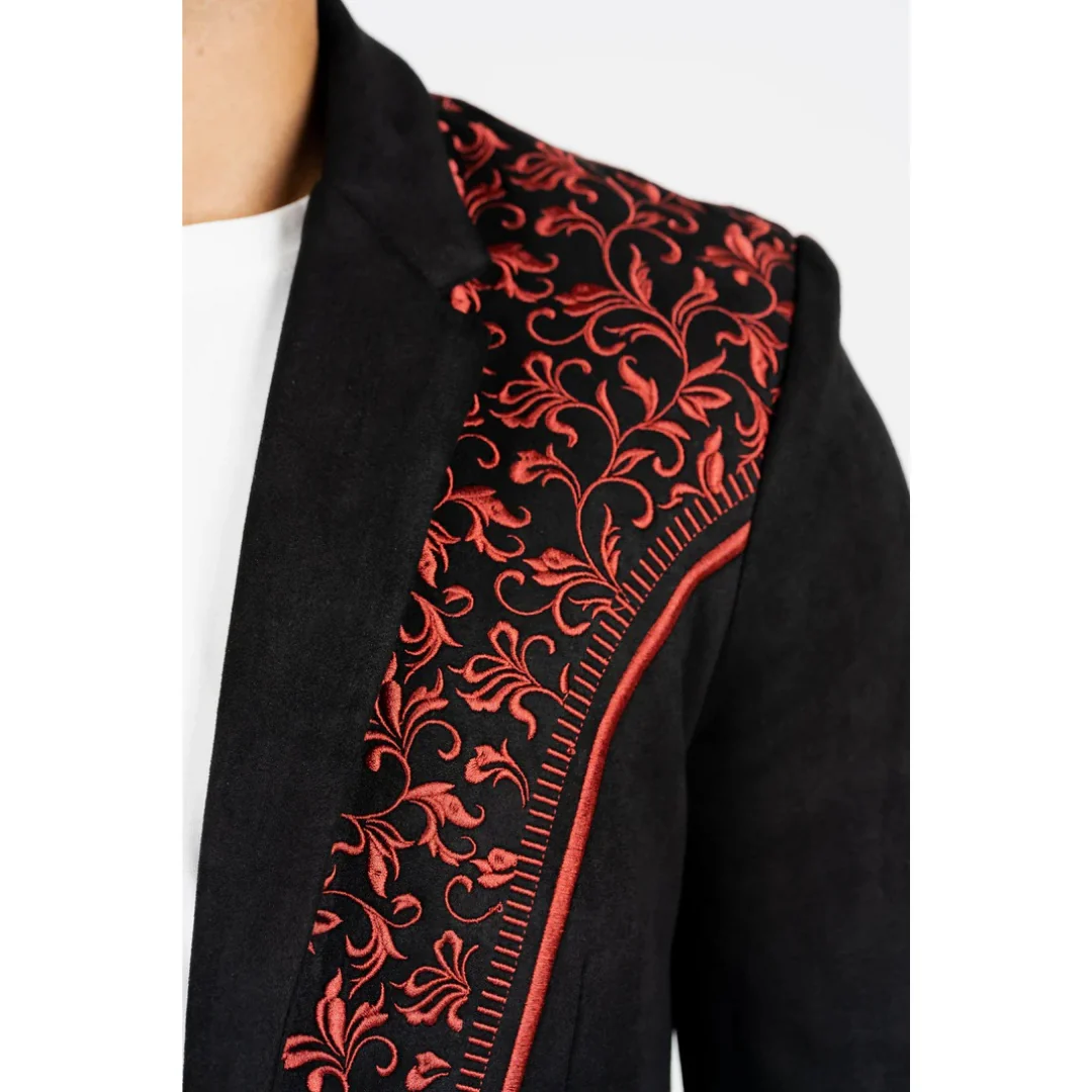 Men’s Platini Black/Burgundy Embroidered Faux Suede Blazer - Image 5